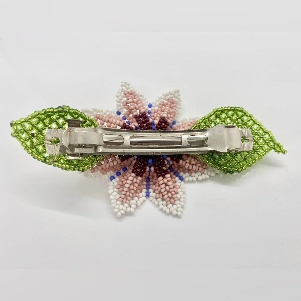 Handmade Artisan by Huicholes Mexican pink Beaded Flower Hair Barrett